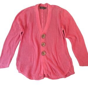 Pink Linen Blend Open Knit Cardigan Sweater Womens XL V-Neck Art To Wear Relaxed